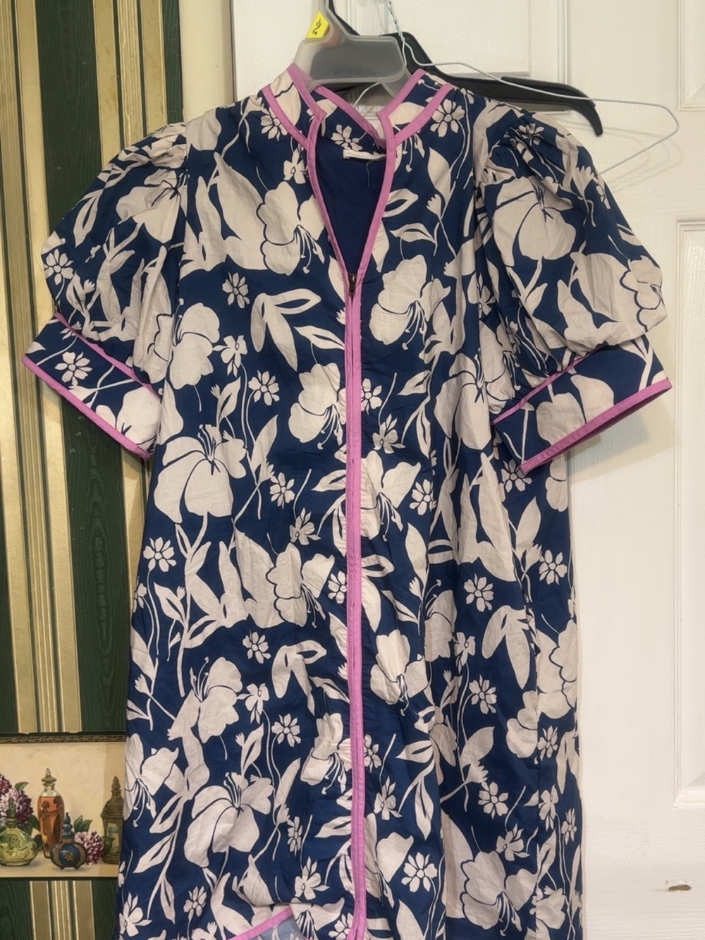 Women’s Navy Floral Midi Dress with Pink Trim